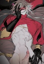 <3 abs almost_naked almost_nude biting_lip black_gloves clawed_fingers dih go_urself_to_the_artist_social_media_if_u_dont_see_a_link hand_on_arm hand_on_own_face he_craaaazy hearts holding_arm jester_hat lmao look_at_his_lil_nipple_lol male pierrot_(the_freak_circus) pov_hands red_clothing sheets silver_hair sinzin53339 the_freak_circus torso_grab viewer_pov white_skin y/n