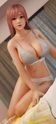 3d 3d_model 3d_render alternate_version_available bedroom big_breasts boobs bra breasts breasts_bigger_than_head calvin_klein cleavage dead_or_alive dead_or_alive_xtreme_venus_vacation fede1407 honoka_(doa) huge_breasts looking_at_viewer midriff multiple_versions panties pink_hair pose red_eyes sitting_on_bed thighs tits underwear