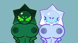 2d_(artwork) 2girls belly_button big_breasts brawl_stars chaos_drop_(brawl_stars) dark_blue_nipples digital_drawing_(artwork) edit edited green_body green_nipples light_blue_body munchykirby1 original_characters star supercell tagme teal_background video_games
