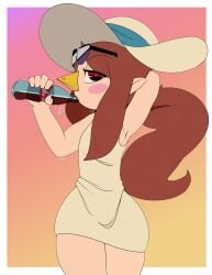1girls aged_up arm_up armpit auburn_hair beak bedroom_eyes blush blush_stickers bottom_heavy captain_kirb coke dress drinking edit front_view gradient_background hat long_hair medli outline pale-skinned_female pale_skin passepartout pointy_ears ponytail red_eyes red_hair rito side_eye sleeveless sleeveless_dress soda sundress sunglasses sunhat sweat sweatdrop sweaty teenager the_legend_of_zelda the_wind_waker thick_thighs tied_hair wide_hips wind_waker