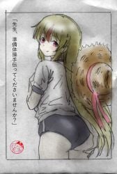 1girls ass ass_grab big_ass blonde_hair bloomers blush buruma fat_ass female female_only from_behind hand_on_ass hand_on_chest highres huge_ass japanese_text legs long_hair looking_at_viewer looking_back nomeno_mizuha original original_character pink_eyes pose posing sensual sexy sexy_pose shirt smile solo sports_uniform sportswear thighs traditional_media translation_request very_long_hair
