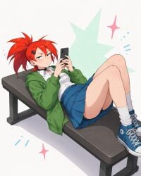 umoral frankie_foster foster's_home_for_imaginary_friends lying green_jacket jacket white_shirt shirt skirt converse red_hair redhead piercing chocker socks blush white_background ai_generated