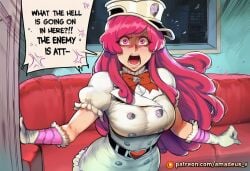dialogue female speech_bubble solo short_sleeves angry breasts headgear hat pink_eyes puffy_sleeves english_text red_bow pink_body shouting hair patreon_logo long_hair open_mouth large_breasts clothing headwear pink_hair looking_at_viewer couch belt bow bow_tie text patreon_username 1girl indoors white_gloves gloves handwear puffy_short_sleeves ai_generated amadeus_v comic bambietta_basterbine meninas_mcallon candice_catnipp bleach futanari futa futa_on_female 1futa