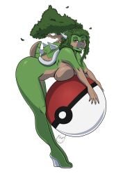 anthro breasts brown_body female green_body green_hair hair hi_res horn looking_at_viewer multicolored_body nintendo nude open_mouth open_smile orange_eyes plant pok&eacute;ball pok&eacute;mon_(species) pokemon smile solo teeth torterra tree two_tone_body video_games yawg