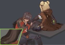 ghost_2e girls'_frontline girls'_frontline_2:_exilium mityl_(girls'_frontline_2) p90_(girls_frontline) gif animated commander_(girls'_frontline) close-up footjob footjob_with_legwear foot_fetish foot_lick foot_worship 1girls 1boy female male clothing jacket pants pantyhose shoes shoes_removed penis censored mosaic_censoring brown_hair double_bun cellphone taking_picture