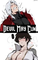 ... 1boy 1girl absurdres black_hair blush breasts cleavage closed_eyes coat cum cum_on_body cum_on_hands dante_(devil_may_cry) devil_may_cry devil_may_cry_(netflix) devil_may_cry_(series) facial green_eyes heterochromia highres kurenaiz1 lady_(devil_may_cry) lady_(devil_may_cry:netflix) large_breasts orgasm red_coat red_eyes simple_background white_background white_hair
