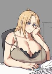 1girl artist_name at_computer bangs_pinned_back bare_shoulders batako_(batakoart) black_bra blonde_hair blue_eyes borrowed_character bra bra_strap breasts chair cleavage closed_mouth collarbone desk folded_hair glasses grey_background hair_over_eyes hair_pulled_back hand_on_own_cheek hand_on_own_face highres huge_breasts inne_sulistya_robin computer_keyboard lace lace_bra looking_away computer_mouse norman_maggot office_chair original shadow sidelocks signature sitting solo strap_slip swivel_chair tank_top tsurime underwear upper_body