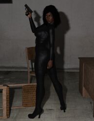 3d 3d_(artwork) absurd_res absurd_resolution armed assassin beverly_spencer black_bodysuit black_catsuit black_hair_female black_high_heels bodysuit bubble_butt catsuit dark-skinned_female emotionless emotionless_female expressionless female_assassin glock high_heels high_resolution highres holding_gun holding_pistol mature_woman member9 original posing red_lipstick standing uncaring uncaring_female