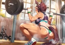abs ai_generated animal_ears ass ass_focus athletic bandaid_on_cheek brown_eyes ear_piercings gym horse_ears horse_girl lifting mejiro_ryan_(umamusume) muscular naticai red_eyes rhorse_girl short_brown_hair short_hair spiky_hair sporty squatting steamy sweaty sweaty_body thong umamusume umamusume_pretty_derby uneven_bangs weightlifting weights white_streak_hair winning_ticket_(umamusume) workout