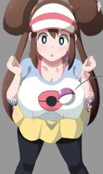 1girls alternate_breast_size bent_wrist big_breasts breasts brown_hair cap clothed clothing curvaceous curvy curvy_body curvy_female curvy_figure female female_focus hair_buns huge_breasts hypnosis japanese_text large_breasts looking_at_another mind_control pokeball pokemon rosa_(pokemon) translation_request twintails voluptuous yugo-eti