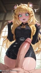 ai_generated dreamyan_ai highres breasts uncensored hi_res high_resolution high_quality thick_thighs thighs thick_ass 1girls curvy curvy_female curvy_body blonde_hair green_eyes long_hair animal_ears tiger_ears tiger_girl tiger_tail tail medium_breasts small_breasts petite ju_fufu ju_fufu_(zenless_zone_zero) zenless_zone_zero large_penis penis surprised penis_awe looking_down looking_at_penis hands_up pov male_pov blush