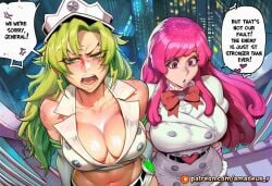 clothed midriff dialogue red_bowtie female speech_bubble angry breasts headgear hat pink_eyes not_furry_focus navel green_eyes english_text red_bow web_address anger_vein nurse elbow_gloves collarbone hair patreon_logo bowtie cleavage long_hair bare_shoulders green_hair uniform open_mouth large_breasts blush 2girls city pink_hair headwear belt multiple_girls bow big_breasts crop_top text patreon_username gloves human_focus white_headwear duo clothing ai_generated amadeus_v comic bambietta_basterbine meninas_mcallon candice_catnipp bleach futanari futa futa_on_female 1futa