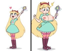 urikoito ai_generated pixai star_vs_the_forces_of_evil star_butterfly before_and_after breasts breasts_out big_breasts breast_expansion huge_breasts nipples wand blonde_hair blonde_female blonde-haired_female blonde_hair_female blonde dress ripped_clothing pantyhose striped_pantyhose boots long_hair looking_down looking_up thighs thick_thighs thigh_expansion blush_sticker open_mouth open_smile smile smiling flat_chest flat_chested white_background heart surprised surprised_expression blue_eyes