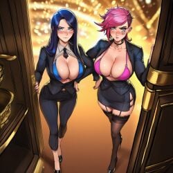 2girls ai ai_generated blue_hair bra_peek caitlyn_kiramman clevage entering fit_body fit_female holding_hands league_of_legends lesbian lesbians panty_peek pink_hair prussia123 sexy_body sexy_clothing sexy_female skirt stockings suit_jacket suit_pants vi_(league_of_legends)