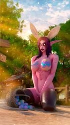 bellakvo 3d 2026 easter noblegarden thigh_highs thigh_high_stockings painted_breasts bunny_ears eggs female elwynn_forest world_of_warcraft elf elf_ears pointed_ears night_elf glowing_eyes