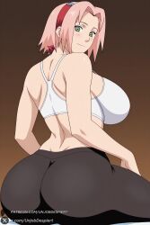 1girl pink_hair breasts haruno_sakura ass green_eyes solo short_hair smile looking_at_viewer looking_back blush large_breasts from_behind sports_bra sitting pants closed_mouth huge_breasts headband bare_shoulders back forehead_protector brown_background sakura_haruno naruto_(series) naruto naruto_shippuden unjobdespiert ai_generated 1female curvy huge_ass big_breasts big_ass 1girls 2026 artist_name watermark hi_res highres high_quality high_resolution patreon_username patreon