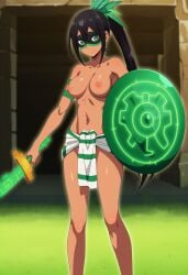 1girls adult_female ai_generated black_hair braided_hair breasts dark-skinned_female dark_skin female female_only green_eyes ixiza jungle_girl ka0dri loincloth mayan midriff nipples original_character ruins shield sword topless topless_female tribal young_adult_female