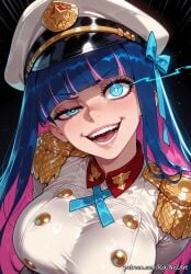 1girl 2026 :d ai_generated anime bangs black_background blue_bow blue_eyes blue_hair blue_ribbon blunt_bangs boobs bow breasts buttons cleavage colored_inner_hair crossover double-breasted epaulettes evil_smile eye_contact female female_focus glowing glowing_eyes hair_bow hat highres huge_breasts large_breasts long_hair looking_at_viewer military military_hat military_uniform moaning multicolored_hair nsfw open_mouth panty_&_stocking_with_garterbelt patreon peaked_cap pink_hair ribbon rognezart shiny smile smiling solo stocking_(psg) stocking_anarchy teeth two-tone_hair uniform upper_body very_long_hair watermark web_address white_headwear