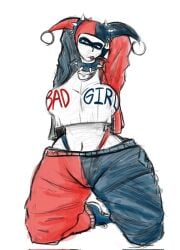 1girls 2d_(artwork) arms_behind_head big_breasts busty clown_girl dc_comics digital_drawing_(artwork) exposed_midriff female_thick_thighs harley_quinn jester kneeling midriff navel on_knees pinup pose posing punk punk_girl punk_harley_quinn_(superbone) sensual sexy sexy_pose spiked_collar superbone thong voluptuous whale_tail whale_tail_(clothing) white_skin