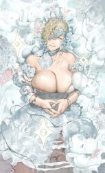 >_< 1girl absurdres bite_mark bite_mark_on_breast biting_own_lip blonde_hair breasts censored collarbone commentary_request cum cum_on_body cum_on_clothes cum_on_legs cum_on_legwear detached_sleeves dress erection flower green_eyes grin h.an_(516635864) half-closed_eye headdress highres huge_breasts interspecies living_toy long_hair lying mole mole_under_eye nipple_slip nipples on_back original own_hands_together penis plant rolling_eyes rose scarf single_thighhigh smile solo_focus strapless strapless_dress stuffed_animal stuffed_toy thighhighs torn_clothes torn_dress veins veiny_breasts vines white_dress white_flower white_rose white_scarf white_thighhighs
