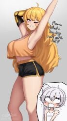 cslucaris rwby viz_media yang_xiao_long long_hair blonde_hair big_breasts weiss_schnee 2girls white_hair saliva drooling stretching clothing shirt shorts one_eye_closed pink_eyes artist_name signature patreon_username prosthetic prosthetic_arm