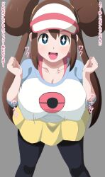 1girls alternate_breast_size bent_wrist big_breasts breasts brown_hair cap clothed clothing curvaceous curvy curvy_body curvy_female curvy_figure female female_focus hair_buns huge_breasts hypnosis japanese_text large_breasts looking_at_viewer mind_control pokemon rosa_(pokemon) smiling translation_request twintails voluptuous yugo-eti