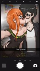 1boy 1girls akira_kurusu male female joker_(persona) persona persona_5 ren_amamiya sakura_futaba small_breasts text kiss photo selfie snapchat furcifur dress immediate_sex cute couple couple_(romantic) glasses redhead black_hair