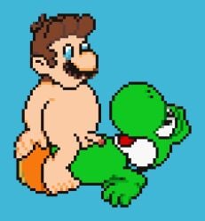 2boys anal animated anthro anthro_penetrating_human blue_background blue_eyes brown_hair feet gay gderror human human_male human_on_anthro interspecies male male_focus male_only mario mario_(series) nintendo pixel_animation pixel_art riding_penis yaoi yoshi