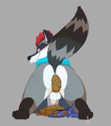 4_toes absurd_res all_fours anthro anus artist_logo backsack balls black_body black_fur black_nose bottomless bottomless_anthro bottomwear bottomwear_around_one_leg bottomwear_down boxers_(clothing) butt circumcised clothed clothing clothing_around_one_leg digital_media_(artwork) english_text erection eyebrows facial_markings facial_piercing feces feces_on_clothing feces_on_ground feces_pile feet fur genitals grey_background grey_body grey_fur hair head_markings hi_res humanoid_genitalia humanoid_penis inner_ear_fluff leg_markings lip_piercing logo loki_lemuria looking_at_viewer looking_back looking_back_at_viewer male mammal markings mask_(marking) max_raccoonism mohawk penis piercing pooping presenting presenting_hindquarters procyonid raccoon raised_tail rear_view red_hair shirt shirt_only signature simple_background smile smiling_at_viewer socks_(marking) soiled_bottomwear soiled_boxers solo striped_body striped_fur striped_markings striped_tail stripes tail tail_markings text toes topwear topwear_only tuft underwear white_body white_fur