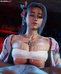 1boy 1girls 3d 3d_(artwork) 3d_model 3d_render 3dcg asian asian_female bandage black_penis brown_hair cleavage cleavage_cutout cleavage_overflow dark-skinned_male dark_skin fatal_fury interracial king_of_fighters looking_at_viewer mai_shiranui paizuri paizuri_under_clothes shaddoll_x snk street_fighter street_fighter_6 wraps