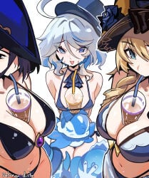 3girls breasts clorinde_(genshin_impact) distr female female_focus female_only furina_(genshin_impact) genshin_impact large_breasts light-skinned_female light_skin looking_at_viewer navia_(genshin_impact) small_breasts thick_thighs thighs wide_hips