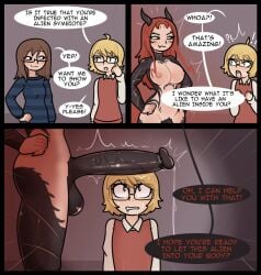 1boy 1futa alien alien_humanoid areola balls bedroom_eyes big_balls big_penis black_body black_scales blonde_hair breasts brown_hair clothing collared_shirt curved_horn demon demon_humanoid dialogue dress_shirt english_text erection eyewear futanari genitals glasses hair half-closed_eyes horn horny_capybara_studios huge_balls huge_cock huge_penis human humanoid humanoid_genitalia humanoid_penis humor imminent_sex male mammal narrowed_eyes nervous nipples penis pink_areola pink_nipples red7cat scales seductive shirt smile smirk smug smug_face speech_bubble sweater sweater_vest text topwear vein veiny_penis vest