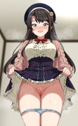 1girl :d bar_censor beret black_hair black_hat blue_skirt blush bow bowtie breasts censored clothes_lift frilled_shirt frills green_eyes hat highres hololive indoors large_breasts lifting_own_clothes long_hair long_sleeves looking_at_viewer mak066 oozora_subaru oozora_subaru_(casual) panties panty_pull pink_sweater pleated_skirt presenting_pussy pussy red_bow red_bowtie shirt skirt skirt_lift smile solo standing steam straight_hair sweat sweater underwear virtual_youtuber white_shirt