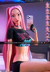 darkbahamuth mira_(kpop_demon_hunters) kpop_demon_hunters fortnite 3d 3d_(artwork) female pinup selfie midriff belly tummy crop_top text caption snapchat findom