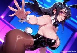 1girl ai_generated animal_ears balecxi bare_shoulders black_hair blush bow detached_collar fake_animal_ears fake_tail large_breasts leotard long_hair looking_at_viewer pantyhose patreon_username playboy_bunny purple_eyes rabbit_ears rabbit_tail sakurajima_mai seishun_buta_yarou_wa_bunny_girl_senpai_no_yume_wo_minai smile solo wrist_cuffs