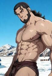 abs ai_generated anime_screencap anime_style black_hair dark_hair fit_male gay icelandic male_focus male_only mature_male muscular muscular_male nipples outdoors outside pecs ponytail pubic_hair snow solo_focus solo_male stable_diffusion sweaty_body thors_snorresson toned_body toned_male viking vinland_saga