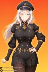 1girl solo jewelry hat earrings pantyhose long_sleeves breasts hand_on_hip smile long_hair looking_at_viewer white_hair large_breasts puffy_sleeves uniform black_skirt closed_mouth red_eyes orange_background gradient_background juliet_sleeves cowboy_shot skirt gradient peaked_cap black_jacket black_headwear bangs black_pantyhose hair_between_eyes thigh_gap watermark jacket military standing military_uniform brown_pantyhose testarossa_(tensei_shitara_slime_datta_ken) tensei_shitara_slime_datta_ken unjobdespiert ai_generated 1female curvy huge_breasts huge_ass big_breasts big_ass 1girls 2026 artist_name hi_res highres high_quality high_resolution patreon_username patreon