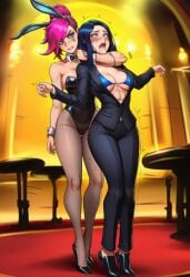 1girls ai ai_assisted ai_generated betrayal bunny_costume bunny_ears bunny_girl bunnysuit caitlyn_kiramman choke_hold choking crying defeated drooling heels latex_clothing league_of_legends pantyhose pink_hair prussia123 ryona sexy sexy_female suit suit_jacket suit_pants vi_(league_of_legends)