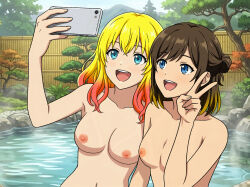 2girls bath blonde_hair breasts brown_hair cellphone completely_nude long_hair multiple_girls navel nipples nude original phone red_hair rocroc shared_bathing short_hair smartphone water yuri