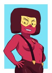 alien gem_(species) hand_on_hip nipples_covered red_skin ruby_(steven_universe) ruby_doc sauceart steven_universe suspenders topless visor