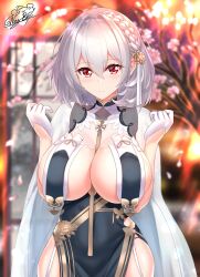 1girls absurdres azur_lane bangs blush braid breast_curtains breasts cherry_blossoms chinese_clothes cleavage dress female garter_straps gloves hair_ornament highres huge_breasts looking_at_viewer medium_hair nez-box pelvic_curtain red_eyes revealing_clothes see-through signature sirius_(azur_lane) sirius_(azure_horizons)_(azur_lane) solo white_hair