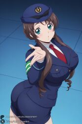 1girl uniform solo necktie brown_hair skirt breasts hat large_breasts ass police pocket police_uniform long_hair armband policewoman looking_at_viewer police_hat blue_skirt pencil_skirt blue_headwear red_necktie shirt blush aqua_eyes collared_shirt breast_pocket jacket seto_tomari cardfight!!_vanguard unjobdespiert ai_generated 1female curvy huge_breasts huge_ass big_breasts big_ass 1girls 2026 artist_name watermark hi_res highres high_quality high_resolution patreon_username patreon