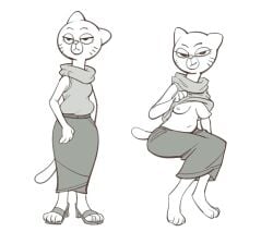 1girls anthro breasts cartoon_network clothed clothing clothing_lift domestic_cat feline female footwear fur gilf grandmother junyois mammal mary_senicourt mature_female navel nipples sandals skirt smile sweater sweater_lift the_amazing_world_of_gumball whiskers white_background