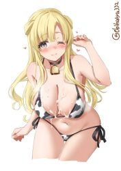 alternate_costume alternate_eye_color animal_print bangs bare_shoulders bell bikini blonde_hair blush breasts cleavage closed_mouth collar collarbone cow_print cowbell cowboy_shot cum cum_on_body cum_on_breasts double_bun ebifurya eyebrows_visible_through_hair female fletcher_(kantai_collection) hair_between_eyes heart heart-shaped_pupils highres kantai_collection large_breasts long_hair looking_at_viewer navel neck_bell one_eye_closed side-tie_bikini simple_background smile solo swimsuit symbol-shaped_pupils twitter_username white_background yellow_bikini yellow_eyes