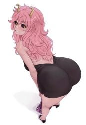 1girl absurdres ashido_mina ass black_sclera boku_no_hero_academia breasts brikot colored_sclera colored_skin commentary highres horns long_hair looking_at_viewer mina_ashido mina_ashido_time-skip my_hero_academia pink_hair pink_skin post-timeskip solo yellow_eyes