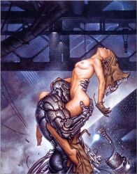 oscar_chichoni 1girl biomechanical breasts cyborg fantasy female large_breasts mechanical medium_breasts open_mouth steampunk voluptuous 1boy 1boy1girl male/female male weapons armor hairy_pussy facepaint face_paint fear kissing robot_humanoid exposed_breasts dystopia gloves tummy panties