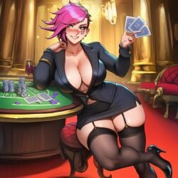 ai ai_assisted ai_generated arrogant cards casino clevage fit fit_body fit_female league_of_legends overconfident pink_hair poker_table prussia123 sexy sexy_body sexy_clothing sexy_female short_hair skimpy_clothes skirt stockings suit_jacket tomboy vi_(league_of_legends)