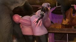 bellakvo 3d female male worgen knotted_penis thigh_highs white_hair large_breasts world_of_warcraft elf elf_ears pointed_ears night_elf glowing_eyes high_heels anal_penetration anal anal_sex anal_insertion