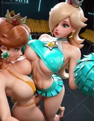 ai_generated aqua_eyes ass bare_shoulders barefoot bikini bikini_bottom_aside blonde_hair blue_eyes breast_sucking breasts brown_hair cheerleader clothed_sex clothing_aside covered_nipples crop_top crown earrings erection eyelashes flower_earrings from_above futa_with_female futanari hair_over_one_eye holding_pom_poms jewelry large_breasts lipgloss lips long_hair looking_at_another mario_(series) microskirt miniskirt multiple_girls navel nipple_slip nipples nose orange_bikini penis princess_daisy pussy_juice pussy_juice_trail rosalina sex skirt standing standing_missionary standing_sex star_(symbol) star_brooch star_earrings super_mario_galaxy swimsuit sylfuta tagme testicles thong_bikini underboob vaginal_penetration video