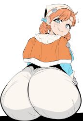 1girls annette_fantine_dominic ass big_ass blue_eyes braid capelet dress fire_emblem fire_emblem:_three_houses flying_sweatdrops freckles glueeater3000 huge_ass looking_at_viewer looking_back orange_hair sitting solo tavi_(hosheezus) thick_thighs twin_braids